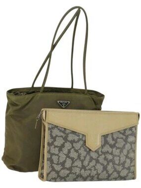 SAINT LAURENT PRADA Bag Nylon PVC 2 Set Gray Khaki Auth 162220